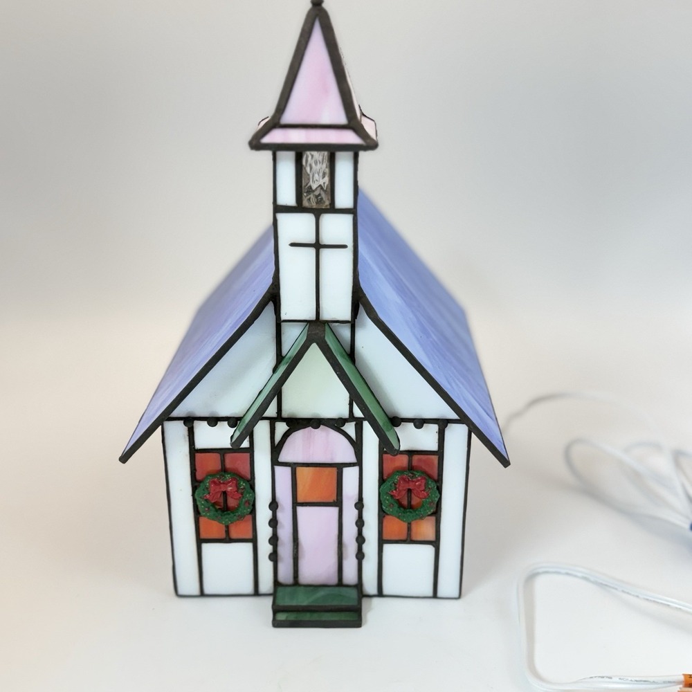 Vintage Tiffany Style Stained Glass Steeple Church Lamp New Works 9617
